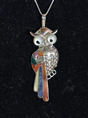 Bold Vintage Zuni Owl Inlay 950 Sterling Silver Statement Pendant Necklace